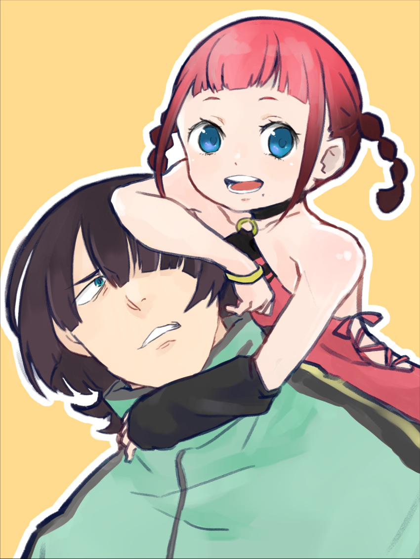 1boy 1girl arm_on_head asukagawa_chise black_hair blue_eyes braid green_jacket gridman_universe hair_over_one_eye highres jacket mmykmk_(apple58) mole mole_under_mouth o-ring redhead short_hair short_twintails ssss.dynazenon twintails yamanaka_koyomi yellow_background