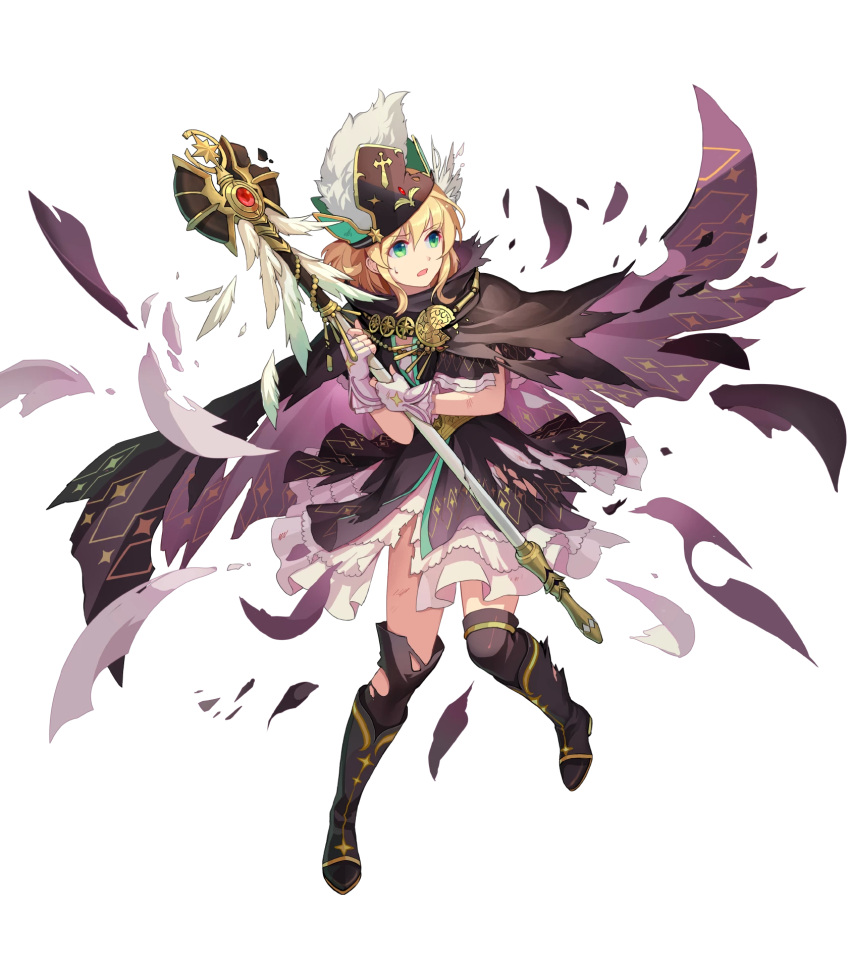 1girl blonde_hair boots cape dress fingerless_gloves fire_emblem fire_emblem:_genealogy_of_the_holy_war fire_emblem_heroes full_body gloves green_eyes hat highres konfuzikokon nanna_(fire_emblem) official_art short_hair short_sleeves solo staff thigh-highs transparent_background