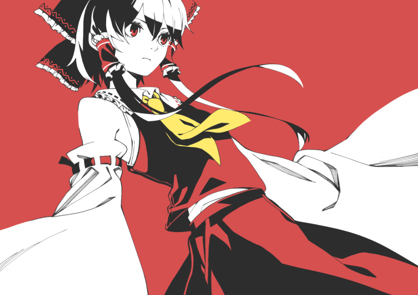 1girl bangs bow commentary_request cowboy_shot detached_sleeves frilled_bow frills hair_bow hair_tubes hakurei_reimu kamabokopic limited_palette long_sleeves neckerchief red_background red_bow red_eyes red_skirt short_hair_with_long_locks simple_background skirt solo touhou wide_sleeves yellow_neckwear