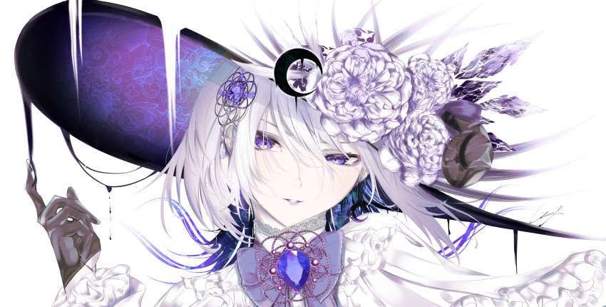 1girl absurdres black_gloves blue_eyes flower frilled_shirt frilled_sleeves frills gloves hat highres huge_filesize jewelry long_sleeves original shirt short_hair signature simple_background solo tagme teeth urotare white_background white_hair white_shirt