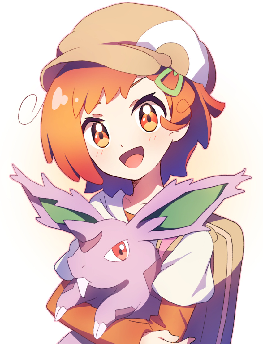 1girl :d backpack bag bangs blush brown_bag brown_headwear collarbone commentary_request gen_1_pokemon hair_ornament hairclip hat highres holding holding_pokemon looking_at_viewer mushuu nidoran nidoran_(male) open_mouth orange_eyes orange_hair orange_shirt pokemon pokemon_(anime) pokemon_(creature) poketoon shirt short_hair smile tongue tsubomi_(pokemon) upper_body white_shirt