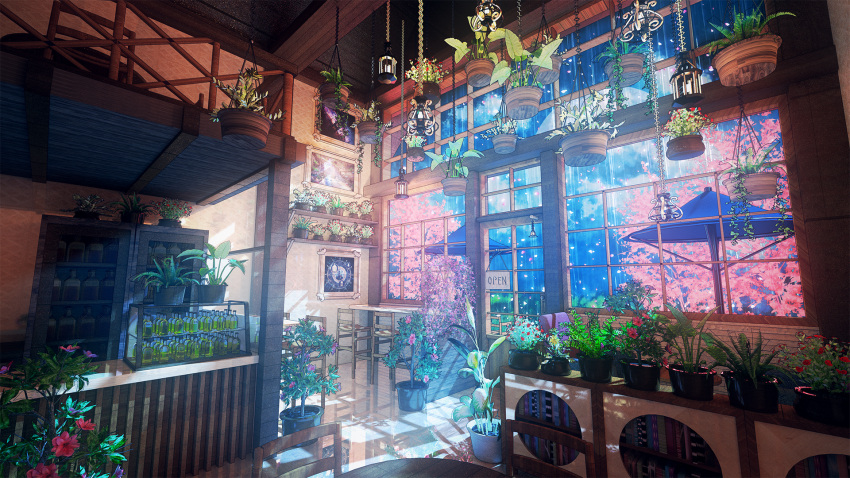 3d bottle cabinet chair cherry_blossoms door fartiart hanging_light hanging_plant highres indoors interior leaf mixed-language_commentary night no_humans original painting_(object) petals plant potted_plant reflection scenery shelf table umbrella vines window wooden_floor