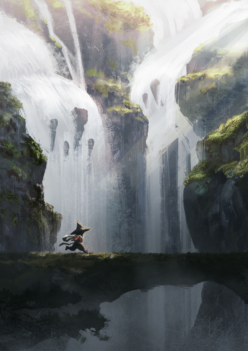 1girl absurdres cliff couldoh hagoromo hat highres japanese_clothes kimono outdoors red_kimono rice_hat running sakuna-hime scenery shawl solo sunlight tensui_no_sakuna-hime water waterfall