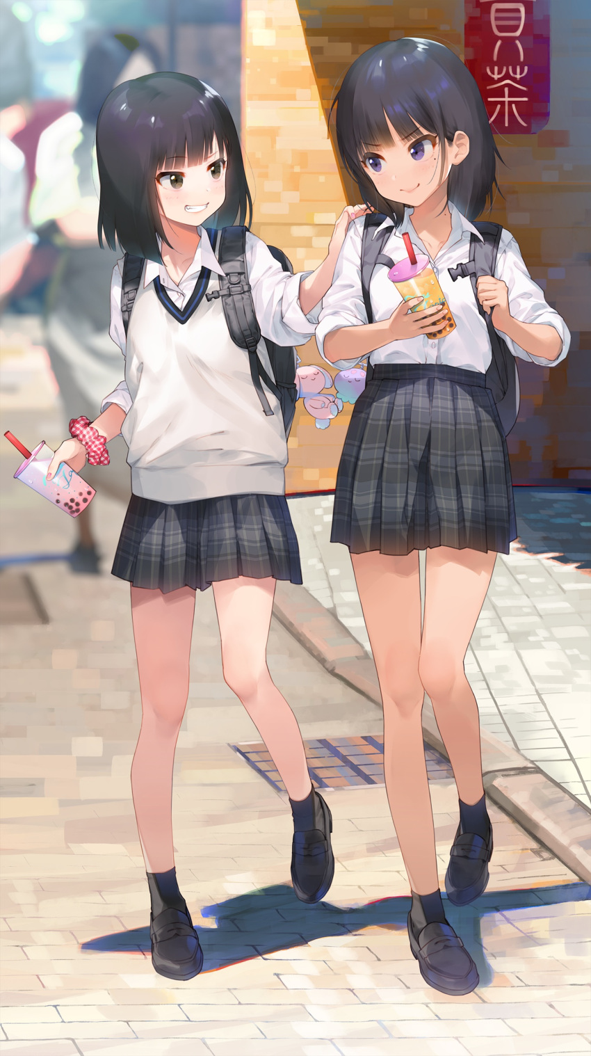 2girls absurdres aihara_shouta backpack bag bag_charm black_eyes black_footwear black_hair black_legwear bubble_tea cardigan_vest charm_(object) collared_shirt cup disposable_cup drinking_straw eyebrows_visible_through_hair fang full_body grey_eyes grin hand_on_another's_shoulder highres loafers looking_at_another medium_hair mole mole_under_eye multiple_girls non-web_source original outdoors pleated_skirt school_uniform scrunchie shirt shoes sidewalk skirt sleeves_rolled_up smile socks tan teeth white_shirt wrist_scrunchie