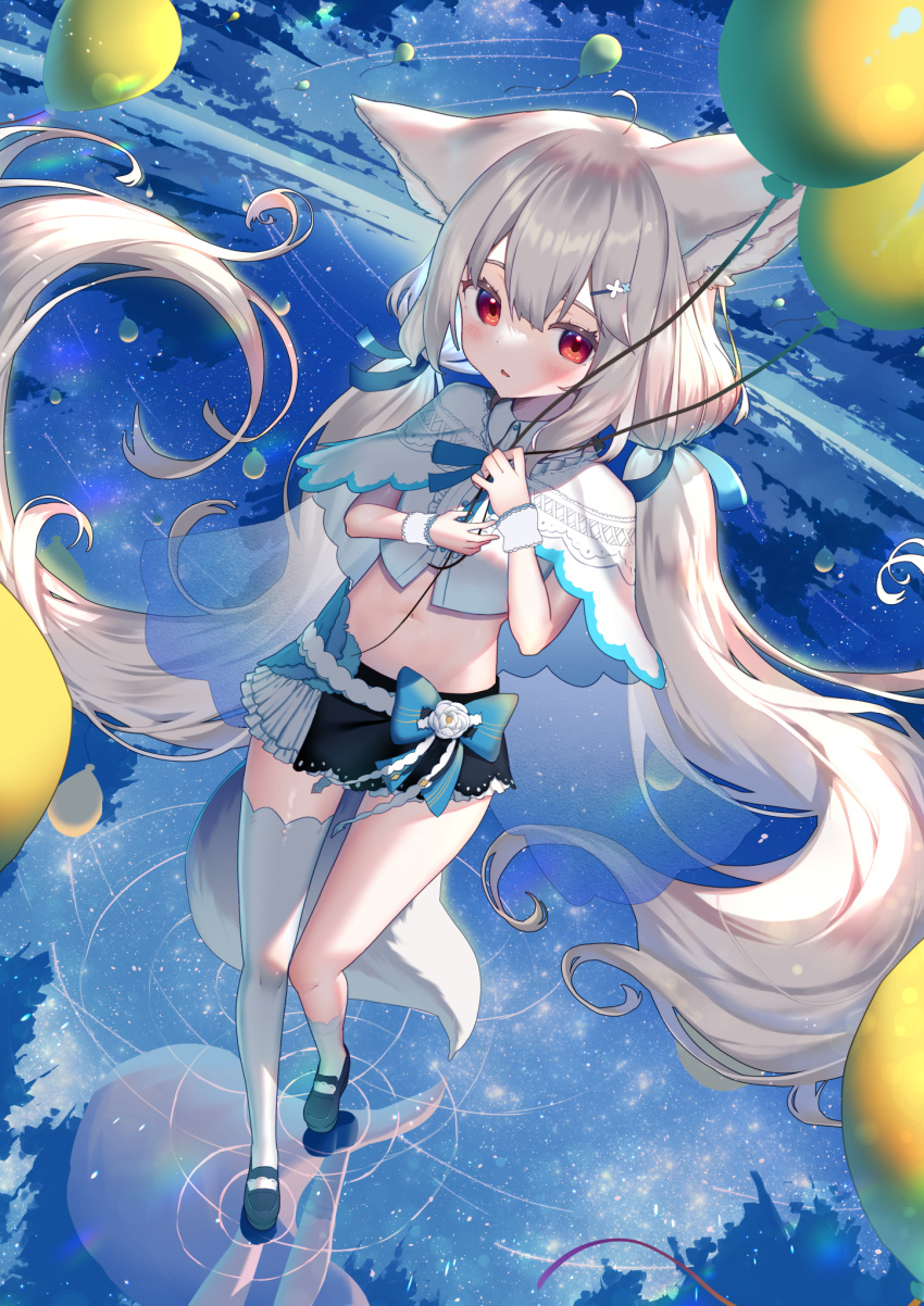 1girl ahoge animal_ear_fluff animal_ears asymmetrical_legwear balloon bangs bare_shoulders black_skirt blue_bow blue_flower blush bow capelet commentary_request commission crop_top ears_down eyes_visible_through_hair flower fox_ears fox_girl fox_tail grey_hair hair_between_eyes hair_flower hair_ornament hairclip highres holding holding_balloon horizon kiramarukou large_ears long_hair low_twintails mismatched_legwear navel night night_sky ocean original outdoors parted_lips red_eyes ripples sakurada_shiro shirt single_sock single_thighhigh skeb_commission skirt sky socks solo star_(sky) starry_sky tail thigh-highs tied_hair twintails very_long_hair walking walking_on_liquid water white_capelet white_flower white_legwear white_shirt