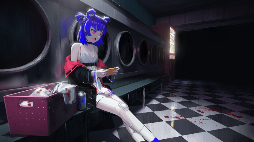 1girl animal_ears bandage_on_knee bandaged_leg bandages bear_ears beer_can black_choker black_jacket blood blood_on_clothes blood_on_ground blue_bow blue_footwear blue_hair bow can choker clothes commentary controller dark_room dress english_commentary fang feet_out_of_frame game_controller hair_bow highres holding holding_controller holding_game_controller indoors jacket laundromat laundry_basket long_sleeves off_shoulder open_mouth original pink_eyes pink_jacket short_hair sleeveless sleeveless_dress slit_pupils socks solo tile_floor tiles two-sided_fabric two-sided_jacket vending_machine vertigris washing_machine white_dress white_legwear