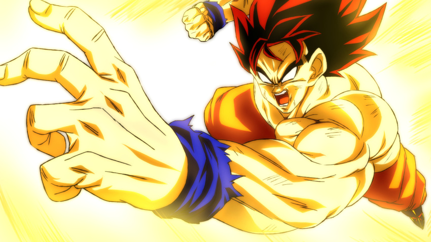 1boy aura blank_eyes clenched_hand dragon_ball dragon_ball_z flying male_focus muscular muscular_male open_mouth orange_pants pants rom_(20) shirtless solo son_goku spiky_hair super_saiyan