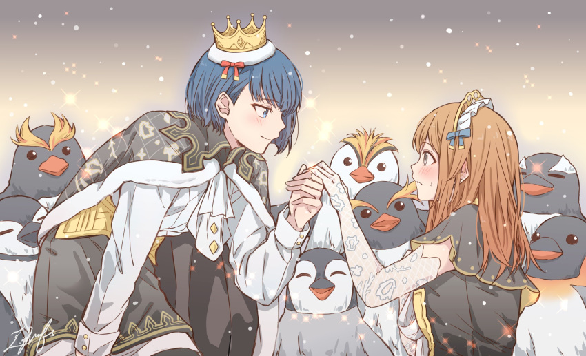 2girls a aiiro_bokujuu bird black_cape black_dress black_skirt blue_eyes blue_hair blush brown_hair cape closed_mouth crown dress elbow_gloves eye_contact eyebrows_visible_through_hair fur-trimmed_cape fur_trim gloves grey_eyes hair_behind_ear hanasato_minori highres holding_hands kiritani_haruka lace lace_gloves long_hair long_sleeves looking_at_another mini_crown multiple_girls parted_lips penguin project_sekai shirt short_hair skirt smile sparkle symbol-only_commentary tiara white_gloves white_shirt yuri