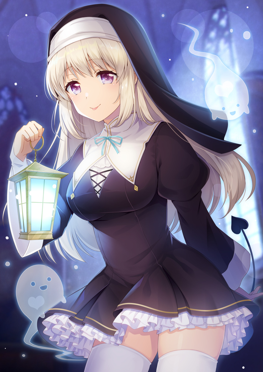 1girl :p absurdres bangs black_dress blurry blurry_background breasts brown_hair closed_mouth commentary demon_tail depth_of_field dress english_commentary eyebrows_visible_through_hair frilled_dress frills ghost habit hand_up highres holding holding_lantern juliet_sleeves lantern leaning_forward long_hair long_sleeves medium_breasts mono_lith nun original pleated_dress puffy_sleeves sleeves_past_wrists smile solo tail thigh-highs tongue tongue_out veil very_long_hair violet_eyes white_legwear wide_sleeves