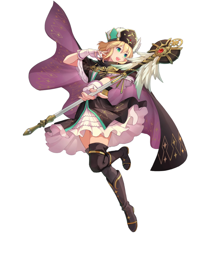 1girl blonde_hair boots cape dress fingerless_gloves fire_emblem fire_emblem:_genealogy_of_the_holy_war fire_emblem_heroes full_body gloves green_eyes hat highres konfuzikokon nanna_(fire_emblem) official_art short_hair short_sleeves solo staff thigh-highs transparent_background