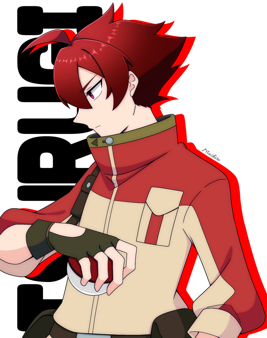 1boy absurdres ahoge bangs brown_bag buttons character_name closed_mouth commentary_request fatalita fingerless_gloves gloves high_collar highres holding holding_poke_ball jacket looking_down male_focus poke_ball poke_ball_(basic) pokemon pokemon_(anime) pokemon_swsh_(anime) red_eyes redhead short_hair solo tsurugi_(pokemon) white_background