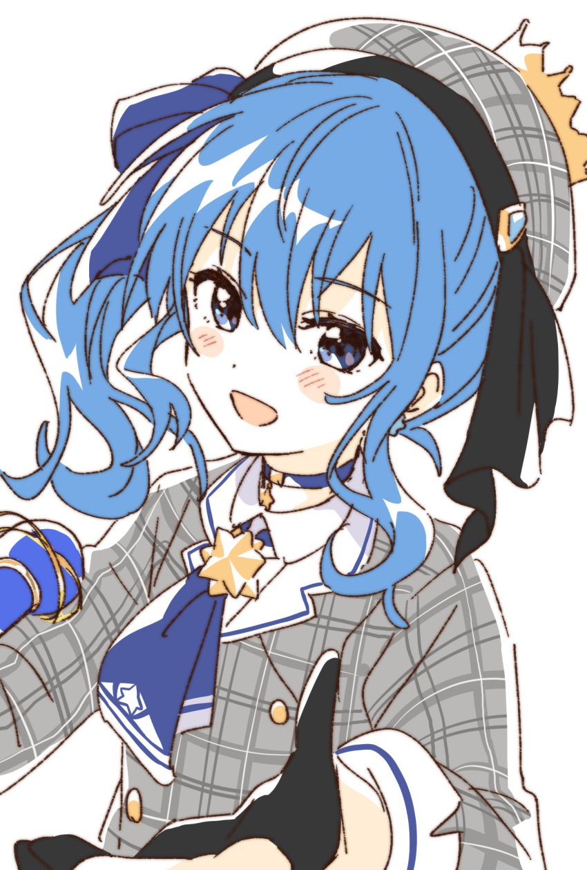 1girl :d bangs black_gloves blue_choker blue_eyes blue_hair blue_ribbon blush_stickers choker coat crown eyebrows_visible_through_hair gloves grey_coat grey_headwear hair_between_eyes hair_ribbon highres hololive hoshimachi_suisei looking_at_viewer microphone namori open_mouth plaid_coat plaid_headwear ribbon side_ponytail smile solo upper_body virtual_youtuber