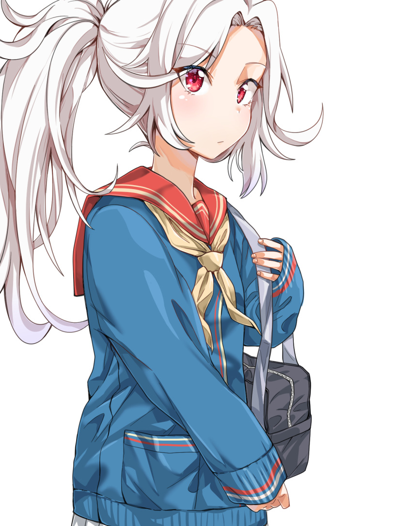 1girl alternate_costume alternate_hairstyle bag blue_sweater breasts commentary_request dulldull girls_frontline hair_up highres korean_commentary long_hair long_sleeves looking_at_viewer makarov_(girls'_frontline) neckerchief ponytail red_eyes red_sailor_collar sailor_collar school_uniform serafuku shoulder_bag sleeves_past_wrists small_breasts solo sweater upper_body white_background white_hair yellow_neckwear