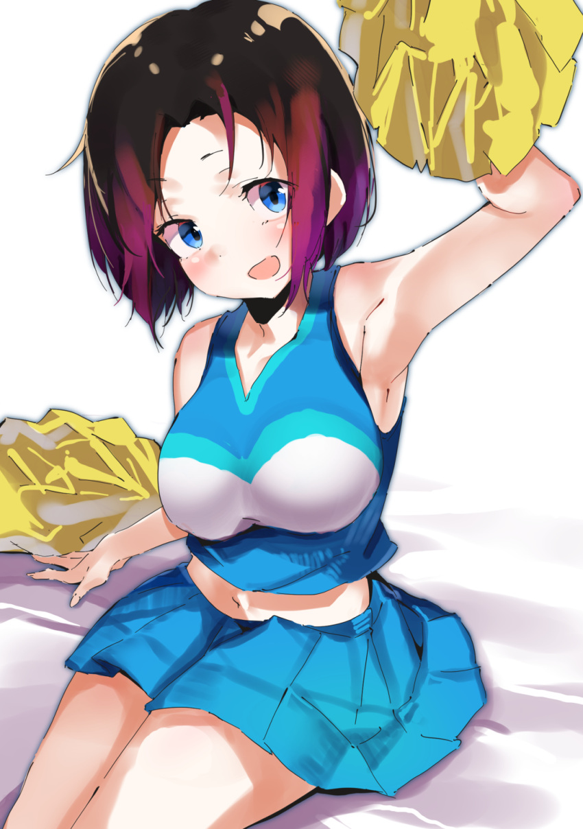 1girl :d arm_up armpits bangs bare_arms bare_shoulders black_hair blue_eyes blue_shirt blue_skirt cheerleader commentary_request crop_top elma_(maidragon) forehead head_tilt highres holding kobayashi-san_chi_no_maidragon lamb_(hitsujiniku) midriff navel open_mouth parted_bangs pleated_skirt pom_pom_(cheerleading) purple_hair shirt short_hair skirt sleeveless sleeveless_shirt smile solo white_background