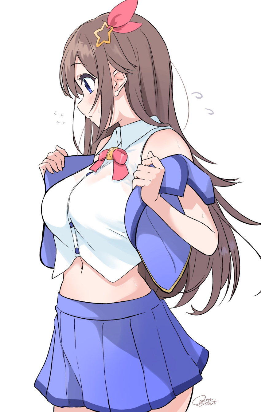 1girl absurdres blue_eyes blue_skirt blue_vest breasts brown_hair collared_shirt cropped_shirt cropped_vest dressing from_side hair_ornament highres hololive long_hair looking_down medium_breasts navel ogura_toast shirt skirt sleeveless sleeveless_shirt solo star_(symbol) star_hair_ornament symbol-only_commentary tokino_sora vest virtual_youtuber white_background white_shirt