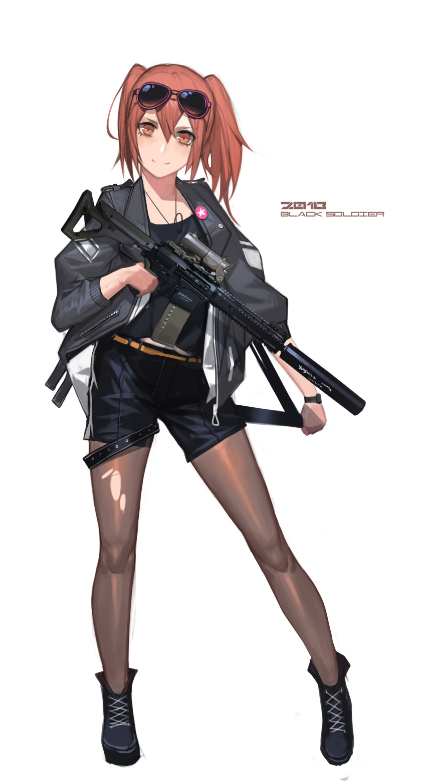1girl absurdres assault_rifle bangs black_footwear black_jacket black_shirt black_shorts black_soldier boots brown_legwear closed_mouth eyewear_on_head full_body gun highres holding holding_gun holding_weapon jacket long_sleeves looking_at_viewer m4_carbine military orange_eyes orange_hair original rifle shirt shorts simple_background smile solo sunlight torn_clothes torn_legwear twintails watch weapon white_background