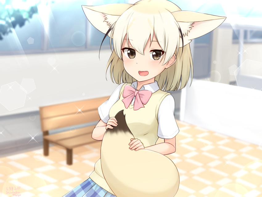 1girl absurdres alternate_costume animal_ears bangs bench blonde_hair blue_skirt blurry blurry_background bob_cut bow bowtie brown_eyes commentary depth_of_field dress_shirt fennec_(kemono_friends) fox_ears fox_tail highres holding_own_tail indoors kemono_friends lens_flare looking_at_viewer miniskirt open_mouth pink_neckwear plaid plaid_skirt pleated_skirt school_uniform shiraha_maru shirt short_hair short_sleeves skirt smile solo sparkle standing sweater sweater_vest tail v-neck white_shirt wing_collar yellow_sweater