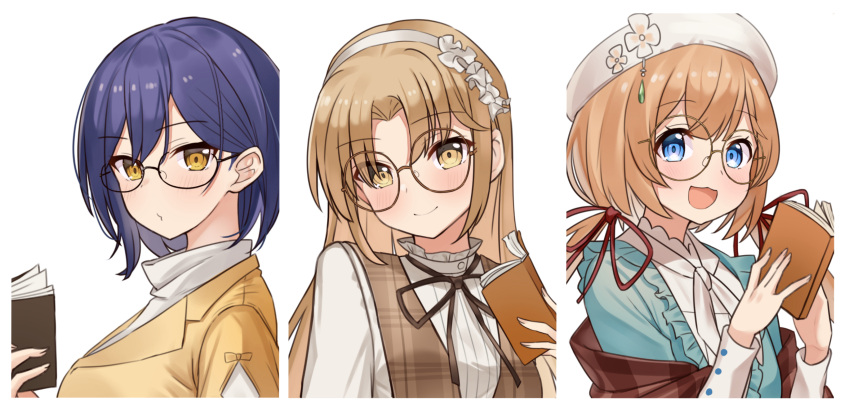 3girls :3 bangs blue_eyes blue_hair blush book breasts brown_eyes brown_hair closed_mouth eli_conifer eyebrows_visible_through_hair glasses hairband highres holding holding_book large_breasts long_hair long_sleeves looking_at_viewer low_twintails medium_breasts multiple_girls nijisanji open_mouth parted_bangs shizuka_rin short_hair sister_cleaire smile swept_bangs twintails tyoko_tanuki16 virtual_youtuber