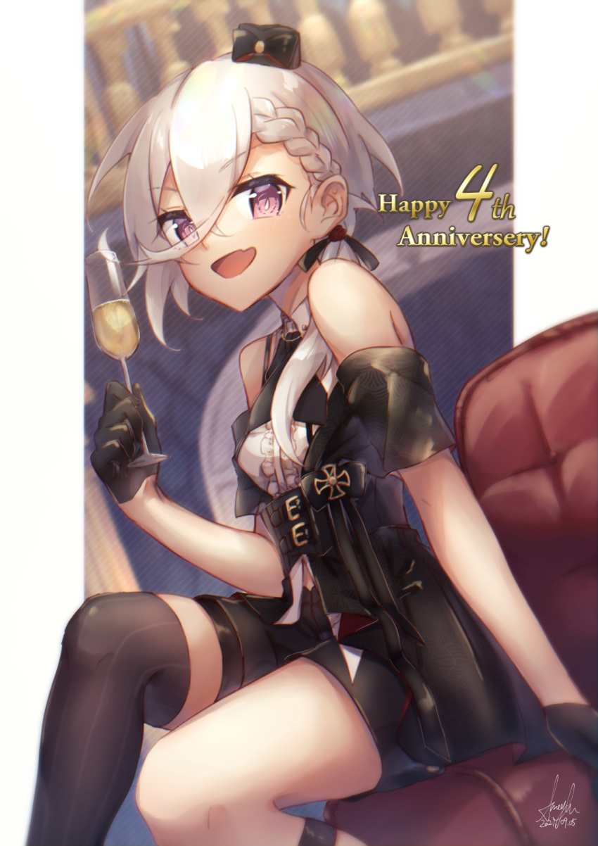 1girl :d anniversary arm_support azur_lane bangs bare_shoulders black_coat black_gloves black_headwear black_legwear black_neckwear black_ribbon black_shorts braid center_frills coat collared_shirt commentary_request couch cowboy_shot cup drinking_glass eyebrows_visible_through_hair fang french_braid frills gloves hair_between_eyes hair_over_shoulder hair_ribbon half_gloves hat highres holding holding_cup indoors iron_cross long_hair looking_at_viewer low_ponytail mini_hat off_shoulder open_mouth ribbon satsuki_meguru shirt short_shorts shorts sidelocks signature silver_hair single_thighhigh sitting skin_fang sleeveless sleeveless_shirt smile solo thigh-highs thigh_strap violet_eyes white_shirt wine_glass z1_leberecht_maass_(azur_lane)