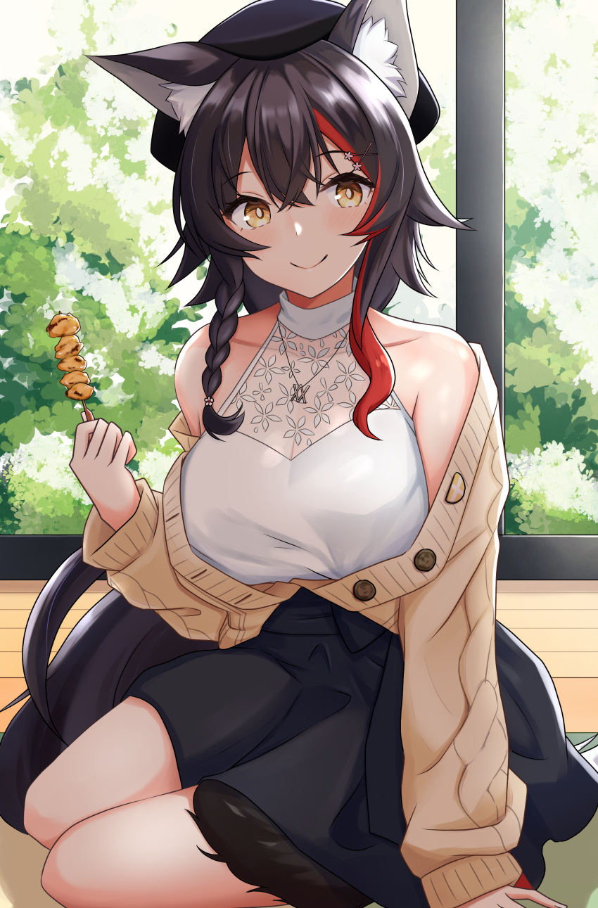 absurdres animal_ear_fluff animal_ears black_hair black_skirt clothing_cutout hair_between_eyes hair_ornament hairclip highres hololive long_hair low_ponytail ookami_mio pipin_try shoulder_cutout skirt tail tail_around_leg very_long_hair virtual_youtuber wolf_ears wolf_girl wolf_tail yellow_eyes