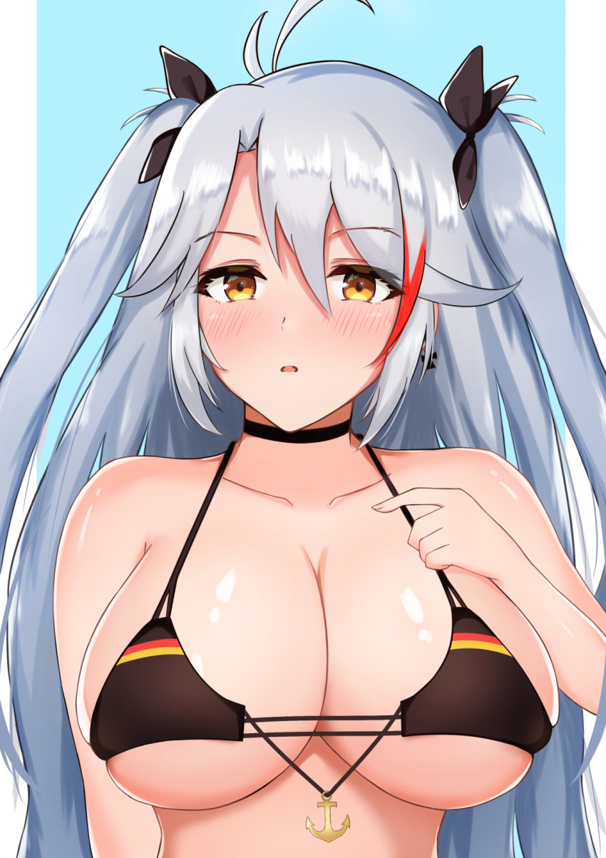 1girl anchor_symbol azur_lane bikini black_bikini black_choker black_ribbon blue_background choker flag_print german_flag german_flag_bikini hair_between_eyes hair_ribbon highres long_hair looking_at_viewer momoyama_(2345) multicolored_hair official_alternate_costume prinz_eugen_(azur_lane) prinz_eugen_(unfading_smile)_(azur_lane) redhead ribbon shiny shiny_skin silver_hair simple_background skindentation solo streaked_hair swimsuit two-tone_hair yellow_eyes