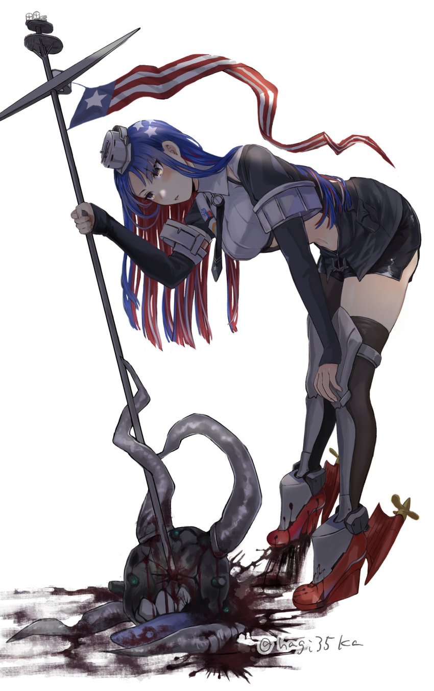 1girl abyssal_ship asymmetrical_legwear black_gloves black_jacket black_legwear black_neckwear black_skirt blue_hair breasts commentary_request crop_top dress_shirt elbow_gloves enemy_naval_mine_(kancolle) full_body gloves hagioshi headgear highres jacket kantai_collection large_breasts long_hair midriff miniskirt multicolored_hair necktie open_clothes open_jacket pencil_skirt pennant redhead remodel_(kantai_collection) rudder_footwear shirt short_sleeves simple_background single_leg_pantyhose skirt sleeveless south_dakota_(kancolle) staff star_(symbol) tentacles thigh-highs twitter_username uneven_legwear white_background white_hair white_shirt