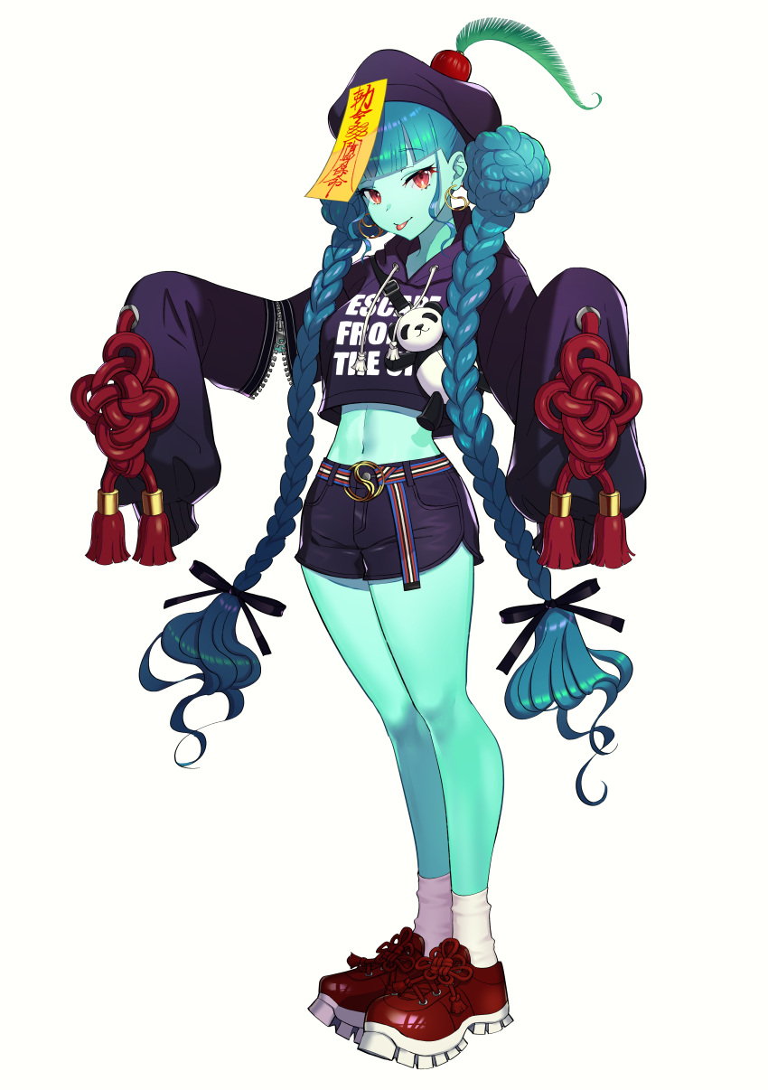 1girl :p absurdres bangs black_bow black_shorts blue_hair blue_skin blunt_bangs bow braid breasts colored_skin commentary cropped_hoodie double_bun earrings english_commentary eyebrows_visible_through_hair fubuki_(fakemonkey0224) full_body hair_bow hat highres hood hoodie jewelry jiangshi long_hair long_sleeves looking_at_viewer midriff navel ofuda original purple_headwear purple_hoodie red_eyes red_footwear shoes short_shorts shorts sleeves_past_fingers sleeves_past_wrists socks solo standing tongue tongue_out twin_braids very_long_hair white_background white_legwear
