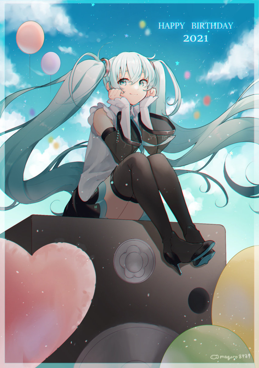 1girl 2021 aqua_hair balloon bangs binchou_maguro black_footwear black_legwear black_skirt black_sleeves blue_sky boots chromatic_aberration closed_mouth clouds commentary day detached_sleeves eyebrows_behind_hair green_eyes hair_between_eyes hands_up happy_birthday hatsune_miku hatsune_miku_(nt) heart_balloon high_heel_boots high_heels highres long_hair long_sleeves outdoors piapro pleated_skirt see-through shirt signature skirt sky smile solo speaker thigh-highs thigh_boots twintails very_long_hair vocaloid white_shirt white_sleeves wide_sleeves