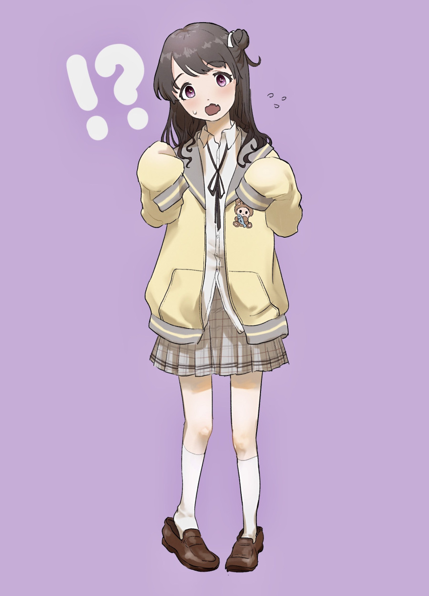 1girl absurdres artist_request black_hair cardigan commentary_request cosplay fangs fukumaru_koito full_body grey_skirt hair_bun highres ichikawa_hinana ichikawa_hinana_(cosplay) idolmaster idolmaster_shiny_colors loafers long_hair looking_at_viewer miniskirt open_cardigan open_clothes plaid plaid_skirt pleated_skirt school_uniform shirt shoes side_bun skin_fangs skirt sleeves_past_fingers sleeves_past_wrists solo sweatdrop violet_eyes white_legwear white_shirt yellow_cardigan