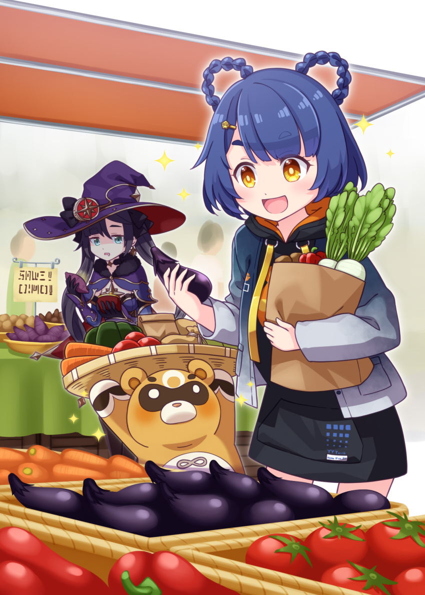2girls :d animal arms_up bag basket black_gloves black_hair black_hoodie blue_hair blue_jacket braid brown_eyes capelet coin_purse commentary_request drawstring drooling eggplant food genshin_impact gloves green_eyes grocery_bag hair_ornament hair_rings hairclip hat highres holding holding_basket holding_food hood hood_down hoodie hoodie_dress indoors jacket long_hair long_sleeves mona_(genshin_impact) multiple_girls open_clothes open_jacket open_mouth paper_bag parted_lips purple_capelet purple_headwear raccoon saliva sansei_rain shopping_bag short_eyebrows short_hair sleeves_past_wrists smile sparkle sweet_potato thick_eyebrows translation_request twin_braids twintails very_long_hair witch_hat xiangling_(genshin_impact)