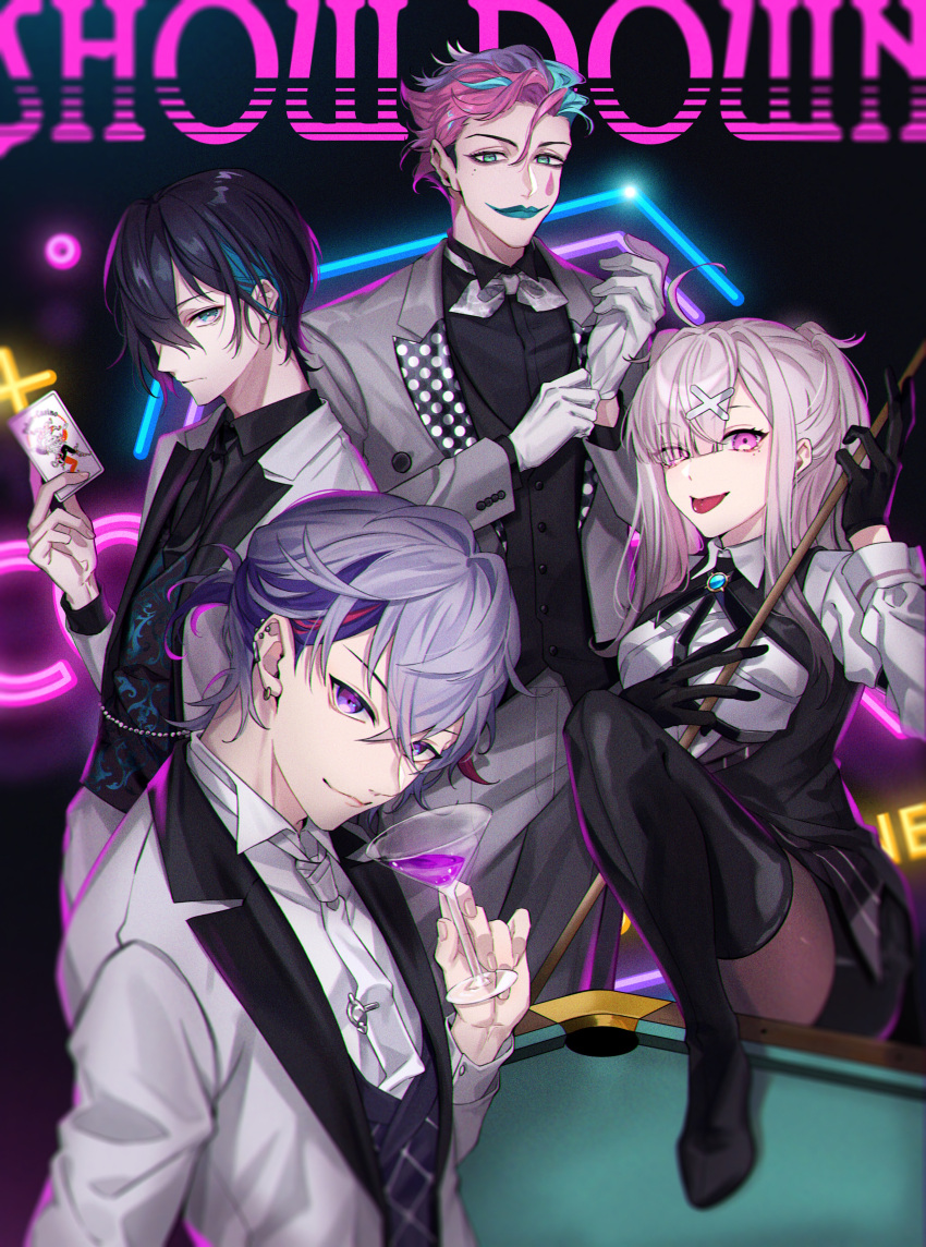 1girl 3boys absurdres billiards black_gloves black_shirt blue_eyes blue_hair card collared_shirt formal fuwa_minato gloves grey_gloves grey_jacket grey_neckwear hair_ornament hairclip highres holding holding_card jacket joe_rikiichi komari_mayu lipstick makeup mayuzumi_kai multicolored_hair multiple_boys nijisanji official_art pink_eyes pink_hair purple_hair redhead shirt streaked_hair suit sukoya_kana tied_hair tongue tongue_out tuxedo twintails two-tone_hair virtual_youtuber white_jacket white_shirt