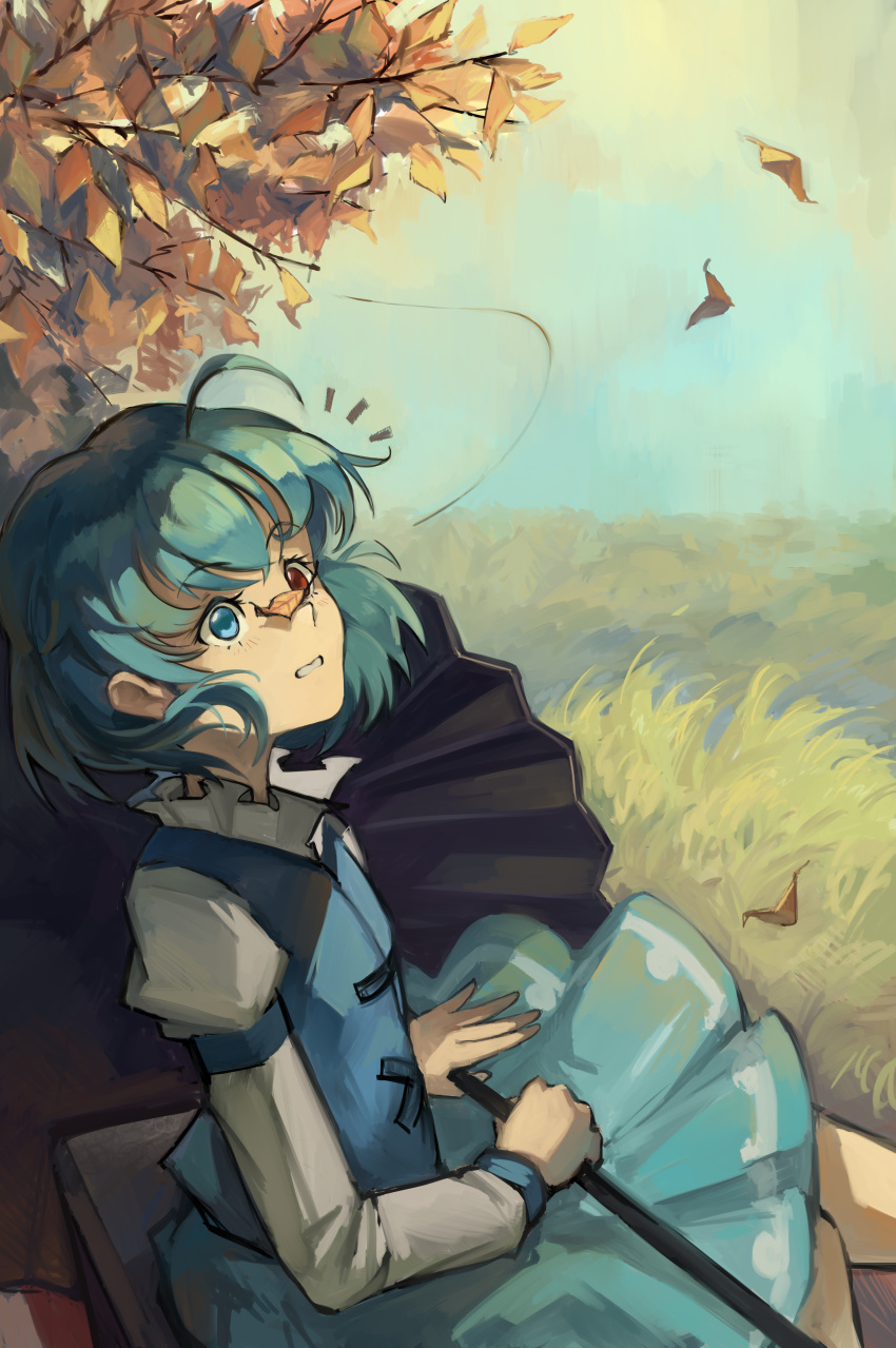 1girl absurdres ahoge autumn_leaves blue_eyes blue_hair eyebrows_visible_through_hair flat_chest grass hair_between_eyes heterochromia highres huge_filesize karakasa_obake kornod leaf long_sleeves looking_to_the_side oil-paper_umbrella on_nose red_eyes short_hair sitting solo tatara_kogasa touhou tree umbrella