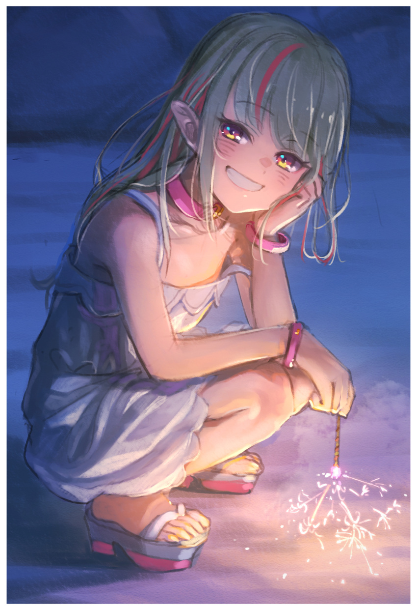 1girl bangle bare_shoulders bracelet collar collarbone dress eyebrows_visible_through_hair fireworks flat_chest full_body grey_hair hair_down highres holding_sparkler jewelry long_hair looking_at_viewer makaino_ririmu multicolored_hair night nijisanji outdoors pink_collar pink_hair platform_footwear pointy_ears red_eyes sabamen sandals senkou_hanabi smile solo sparkler squatting strap_slip streaked_hair symbol-only_commentary teeth two-tone_hair virtual_youtuber white_dress