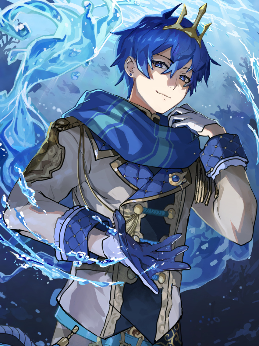 1boy belt blue_eyes blue_gloves blue_hair blue_scarf buttons commentary double-breasted epaulettes gloves gold_trim highres jacket kaito_(vocaloid) magical_mirai_(vocaloid) male_focus medallion saz8720 scarf smile splashing tassel tiara two-tone_gloves underwater uniform upper_body vocaloid water white_gloves white_jacket