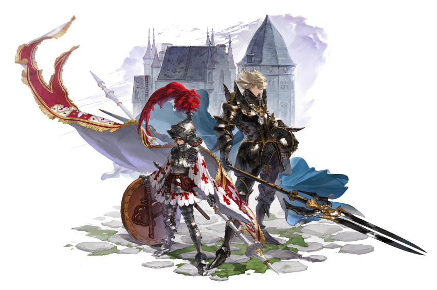 1boy 1girl absurdres armor armored_boots banner blonde_hair blue_eyes boots breastplate brother_and_sister brown_hair capelet castle chainmail faulds fleur_de_lis full_body gauntlets green_eyes headwear_removed height_difference helmet helmet_removed highres holding holding_helmet holding_polearm holding_shield holding_spear holding_weapon jewelry knight korean_commentary lance medallion necklace original plate_armor plume polearm shield shoulder_armor siblings spear srasa standing weapon white_background