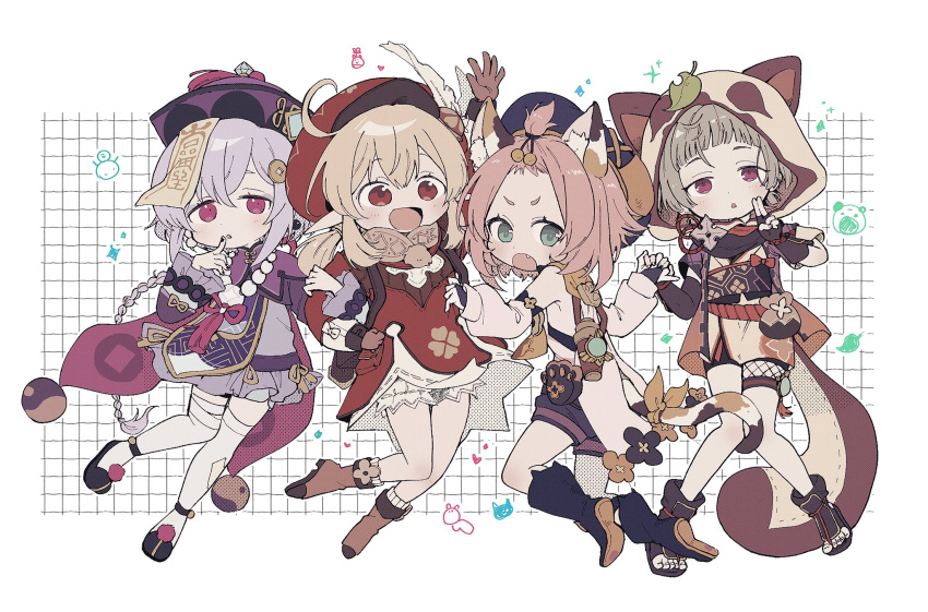 4girls :d :o animal_ear_fluff animal_ears animal_hood bandaged_leg bandages bangs_pinned_back bead_necklace beads bike_shorts black_scarf blonde_hair bloomers boots braid braided_ponytail brown_hair cabbie_hat cat_ears cat_girl cat_tail clover_print coat coin_hair_ornament diona_(genshin_impact) fake_animal_ears fake_tail fang fishnet_fabric genshin_impact green_eyes hat hat_feather highres holding_hands hood jewelry jiangshi klee_(genshin_impact) knees_together_feet_apart leaf leaf_on_head locked_arms low_twintails medium_hair multiple_girls necklace ninja no1shyv open_mouth pink_hair puffy_shorts purple_hair purple_headwear qing_guanmao qiqi_(genshin_impact) raccoon_ears raccoon_hood raccoon_tail red_coat red_eyes red_headwear ribbon sandals sayu_(genshin_impact) scarf short_hair shorts skirt smile tabi tail tanuki thigh-highs twintails underwear violet_eyes vision_(genshin_impact) white_background