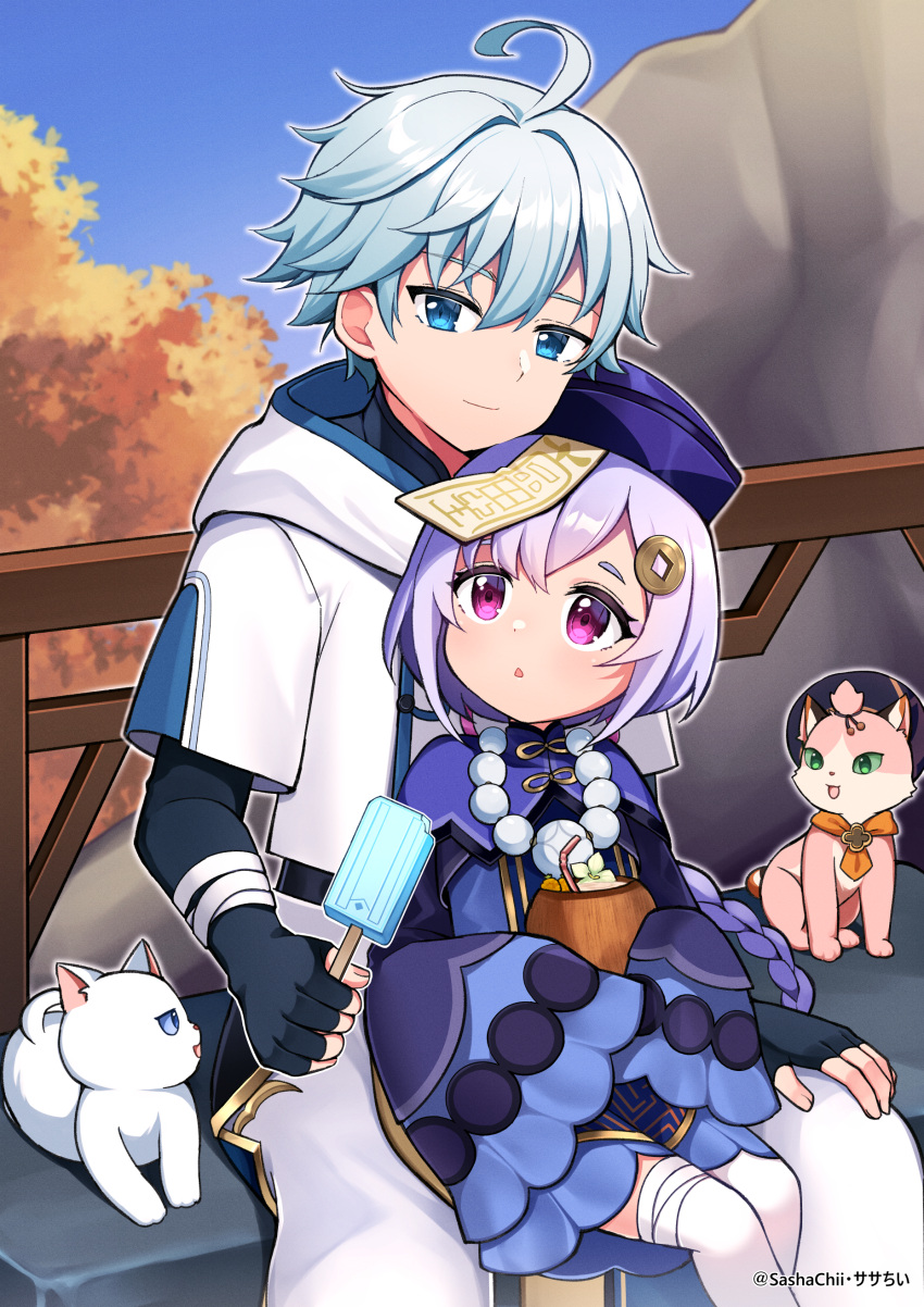 1boy 1girl absurdres animalization aqua_neckwear bangs bead_necklace beads bench blue_eyes braid cat chinese_clothes chongyun_(genshin_impact) coin_hair_ornament commentary diona_(genshin_impact) english_commentary eyebrows_visible_through_hair food genshin_impact hair_between_eyes hat highres holding holding_food jewelry jiangshi long_hair long_sleeves looking_at_another looking_at_viewer low_ponytail necklace ofuda park_bench popsicle purple_hair qing_guanmao qiqi_(genshin_impact) sasha_chii sidelocks single_braid sitting sitting_on_lap sitting_on_person thigh-highs violet_eyes white_legwear zettai_ryouiki