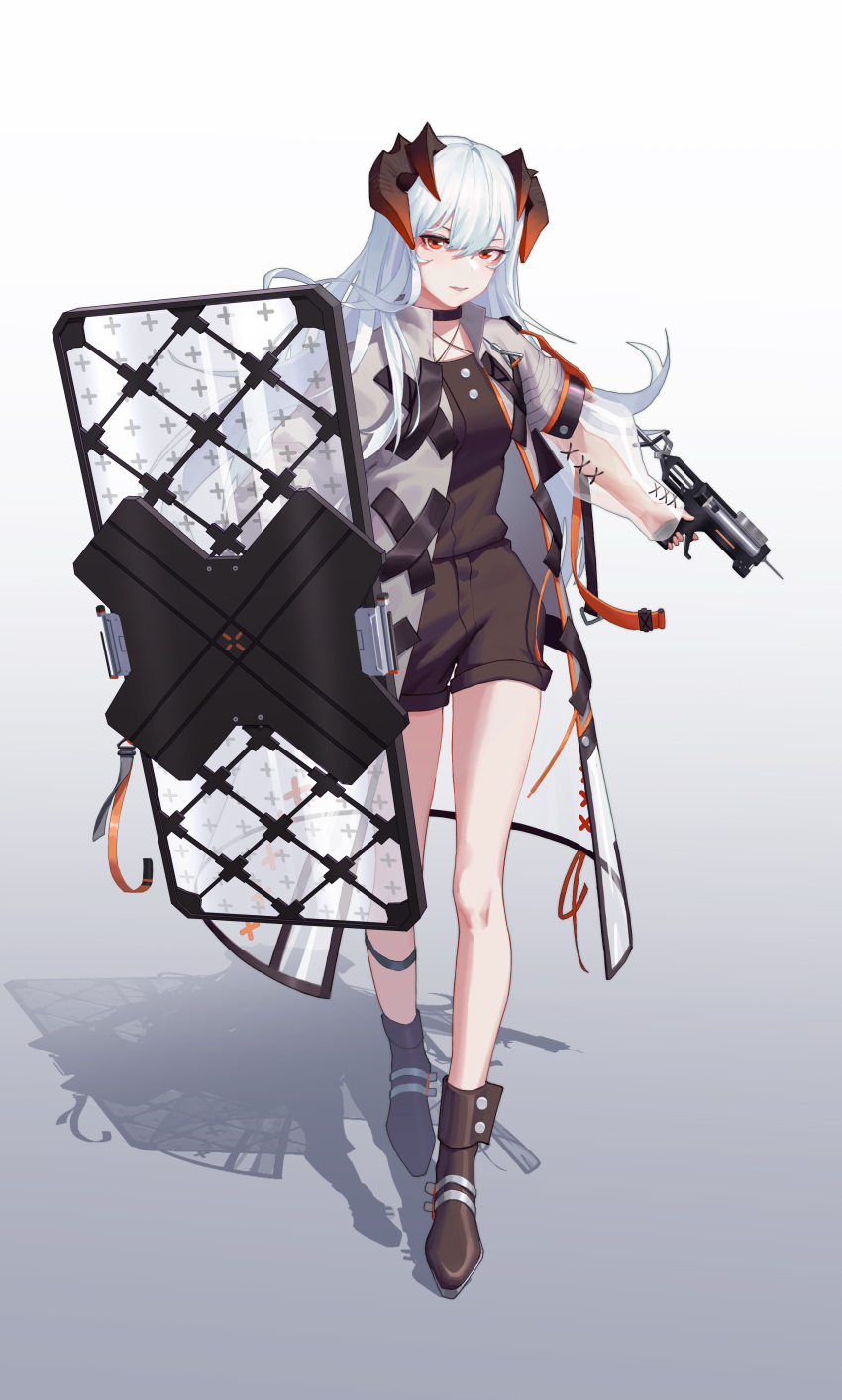 1girl absurdres arknights bare_legs black_choker black_footwear black_shirt black_shorts boots chinese_commentary choker commentary_request dragon_horns full_body grey_background highres holding holding_shield holding_weapon horns lnk17 long_hair long_sleeves looking_at_viewer orange_eyes parted_lips saria_(arknights) see-through_coat shadow shield shirt shorts solo syringe_gun walking weapon white_background white_hair