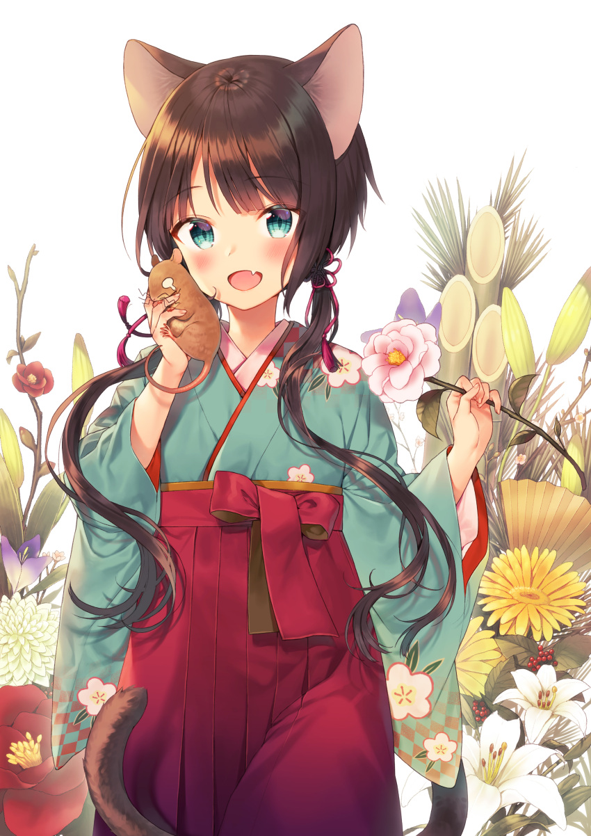 1girl :d absurdres animal animal_ears aqua_eyes aqua_kimono bamboo bangs cat_ears cat_girl cat_tail commentary cowboy_shot english_commentary eyebrows_visible_through_hair fang floral_background flower hair_ribbon hakama hakama_skirt highres holding holding_animal holding_flower japanese_clothes kimono long_sleeves looking_at_viewer midorikawa_you mouse open_mouth original photoshop_(medium) pink_flower red_hakama red_ribbon ribbon shirt skin_fang skirt smile solo tail tassel twintails white_background white_flower wide_sleeves yellow_shirt