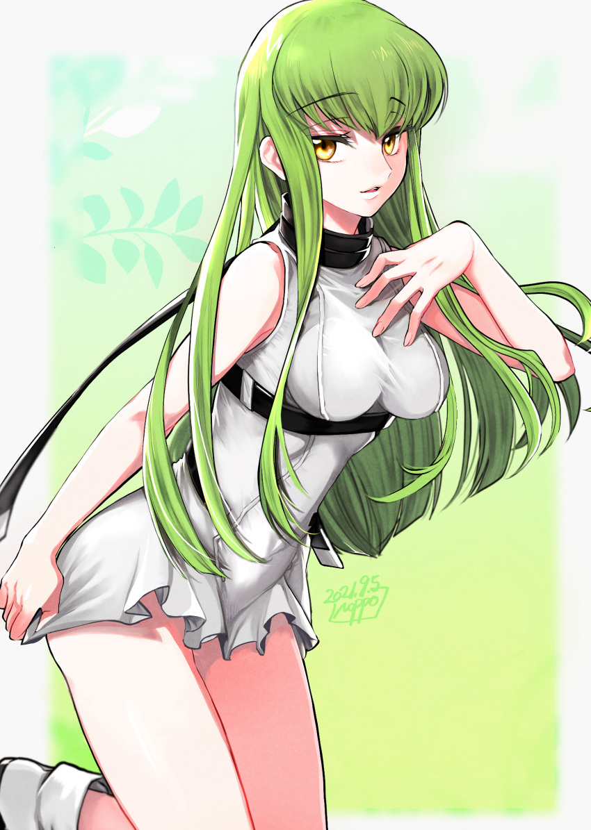 1girl :d bangs bare_shoulders breasts c.c. code_geass dress green_hair highres long_hair looking_at_viewer noppo open_mouth sleeveless sleeveless_dress smile solo yellow_eyes