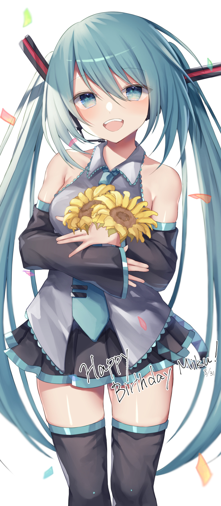 11marin 1girl absurdres bangs bare_shoulders black_legwear black_skirt black_sleeves blue_eyes blue_hair blue_neckwear breasts collared_shirt commentary confetti dated detached_sleeves eyebrows_visible_through_hair flower grey_shirt hair_between_eyes happy_birthday hatsune_miku highres holding holding_flower long_hair long_sleeves medium_breasts pleated_skirt shirt simple_background skirt sleeveless sleeveless_shirt sleeves_past_wrists solo sunflower thigh-highs tie_clip twintails very_long_hair vocaloid white_background yellow_flower zettai_ryouiki