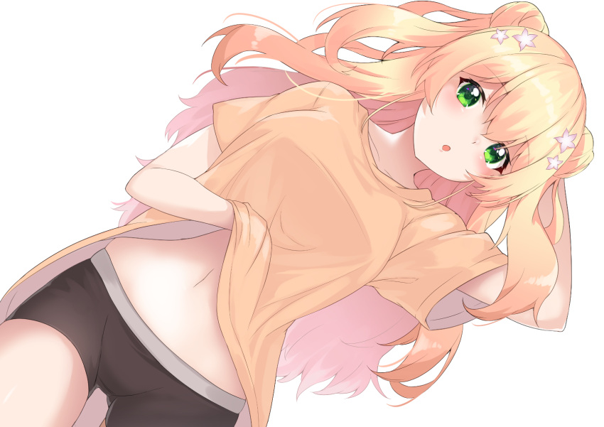 1girl :o arm_up bangs black_shorts blonde_hair blush breasts collarbone double_bun enatsu from_above green_eyes hair_between_eyes hair_ornament hand_under_clothes hand_under_shirt highres hololive long_hair looking_at_viewer medium_breasts momosuzu_nene navel open_mouth orange_shirt shirt short_shorts short_sleeves shorts simple_background solo star_(symbol) star_hair_ornament t-shirt virtual_youtuber white_background