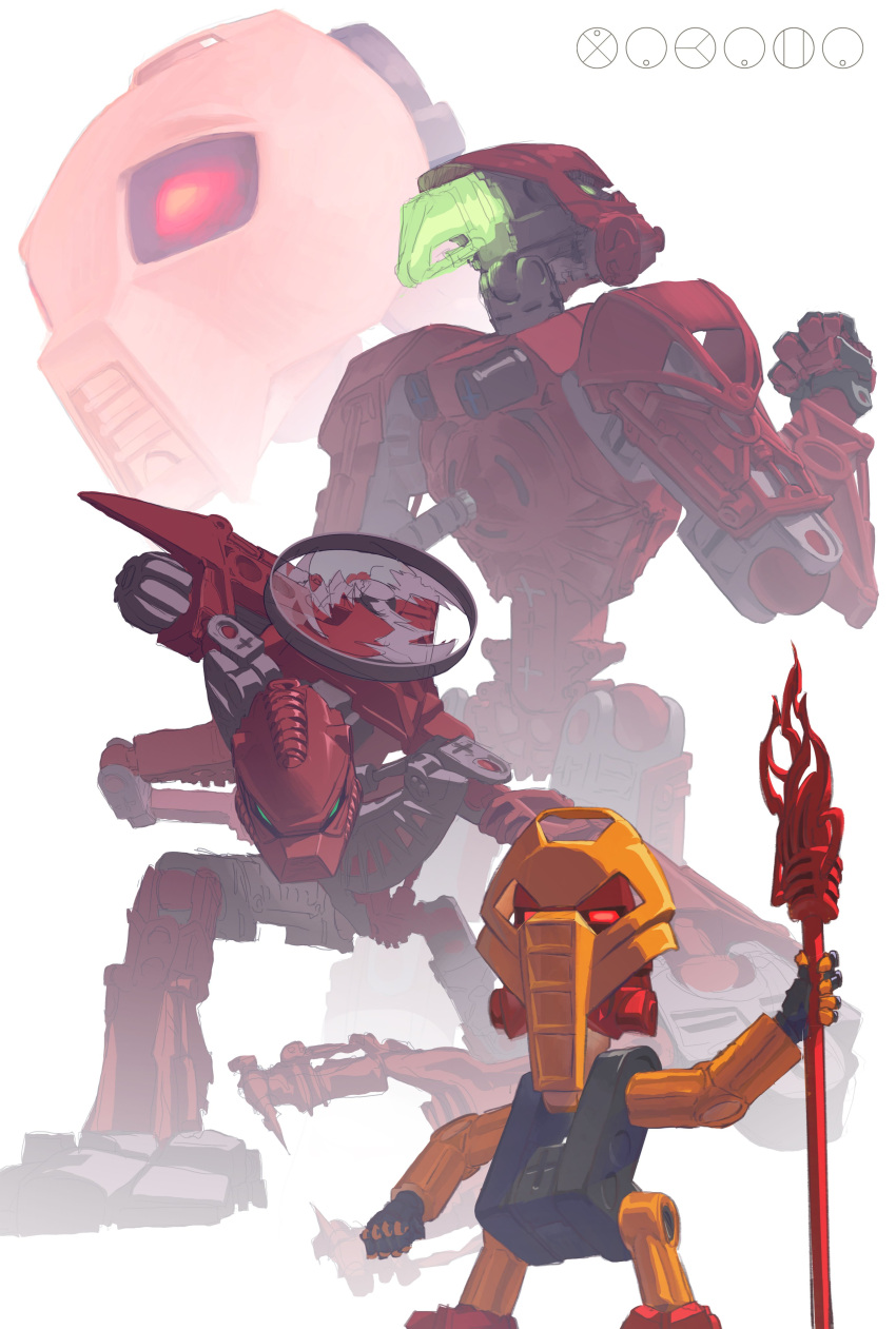 absurdres age_progression bionicle character_name fire glowing glowing_eye green_eyes highres holding holding_staff humanoid_robot kanohi_(bionicle) lim_donghyun looking_up matoran_language no_humans red_eyes staff the_lego_group vakama_(bionicle)