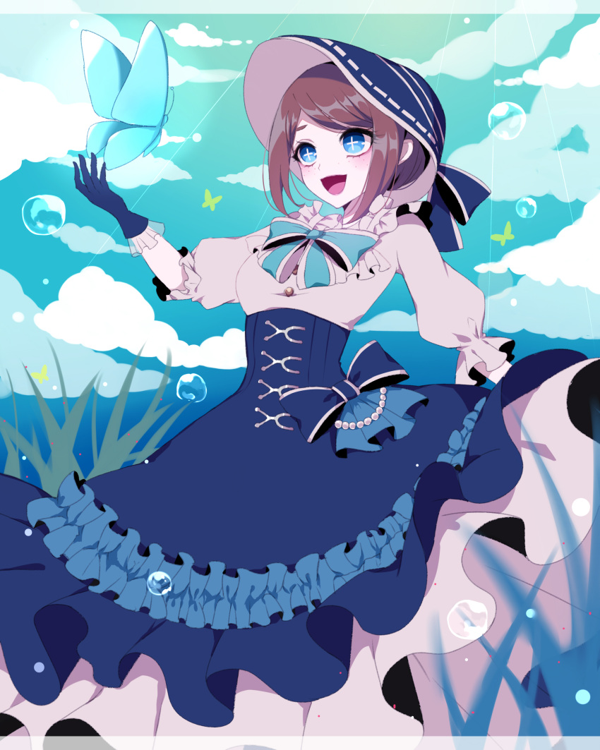 absurdres arm_behind_back arm_up blue_bow blue_butterfly blue_dress blue_gloves bow brown_hair bubble bug butterfly button_eyes clouds dress emma_woods frilled_dress frilled_sleeves frills gloves grass hair_ornament hairband hat hat_bow hat_ornament highres identity_v lolita_fashion looking_at_another looking_to_the_side open_mouth pearl_(gemstone) puffy_short_sleeves puffy_sleeves short_hair short_sleeves smile tamaaaaaaa