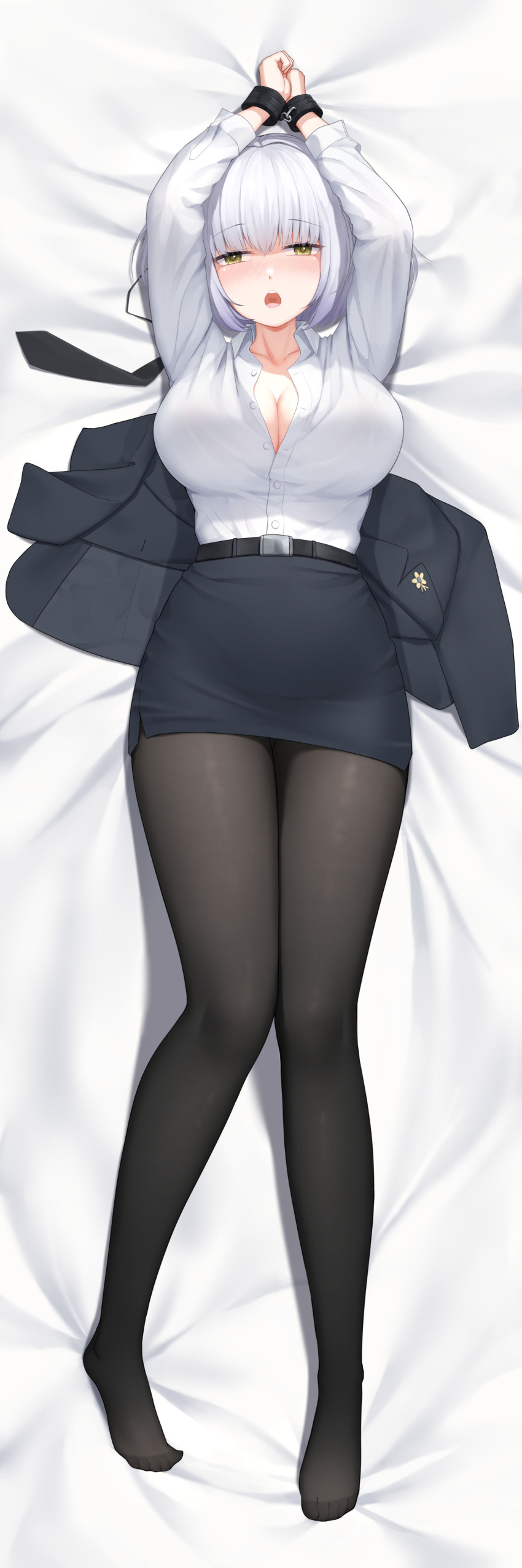 1girl absurdres belt black_belt black_legwear black_skirt bound bound_wrists breasts collared_shirt cuffs dakimakura_(medium) formal girls_frontline handcuffs highres large_breasts long_sleeves lying miniskirt morridow_(girls'_frontline) office_lady on_back pantyhose pencil_skirt shirt short_hair skirt skirt_suit solo suit white_hair white_shirt wo_you_yibei_jia_wanli yellow_eyes