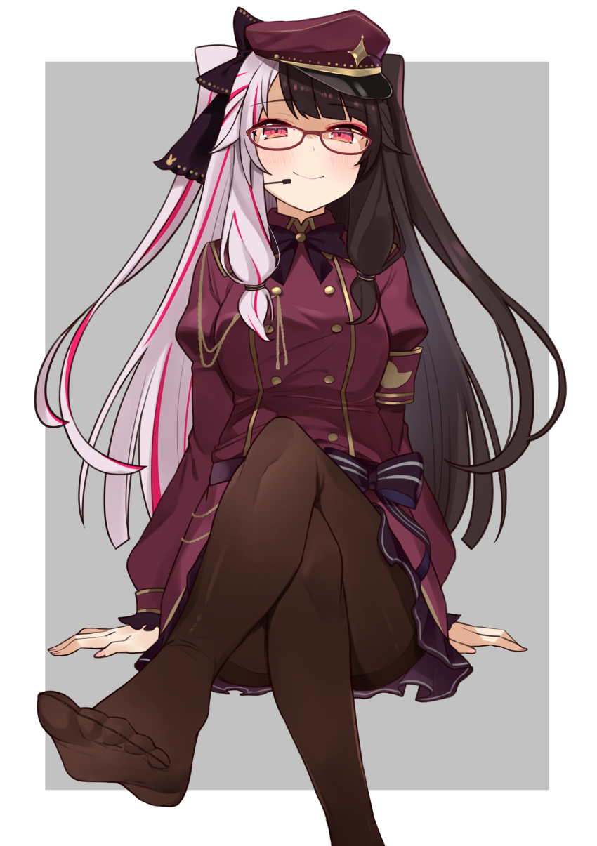 1girl :&gt; absurdres arm_support black_bow black_hair black_legwear blush bow breasts closed_mouth crossed_legs eyebrows_visible_through_hair glasses grey_hair hair_bow hat highres large_breasts long_hair long_sleeves looking_at_viewer multicolored_hair nijisanji pantyhose pink_eyes pink_hair sitting smile solo streaked_hair twintails tyoko_tanuki16 virtual_youtuber yorumi_rena