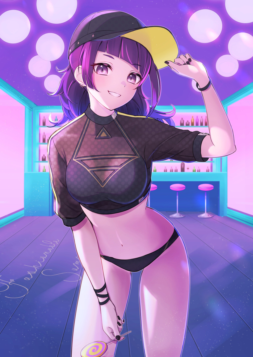 absurdres bar bikini bikini_bottom bottle bracelet candy earrings food hat highres hoshina_hoshimi idolmaster idolmaster_shiny_colors indoors jewelry lollipop midriff navel purple_hair see-through swimsuit tanaka_mamimi