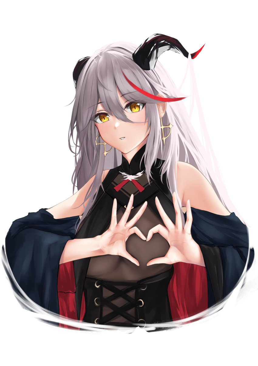 1girl aegir_(azur_lane) azur_lane bare_shoulders bodystocking breast_curtains breasts cross cross-laced_clothes cross_earrings demon_horns earrings eyebrows_visible_through_hair hair_between_eyes hair_on_horn heart-shaped_boob_challenge highres horns jewelry large_breasts looking_at_viewer multicolored_hair redhead silver_hair simple_background skin_tight solo streaked_hair turboflower two-tone_hair underbust upper_body white_background yellow_eyes