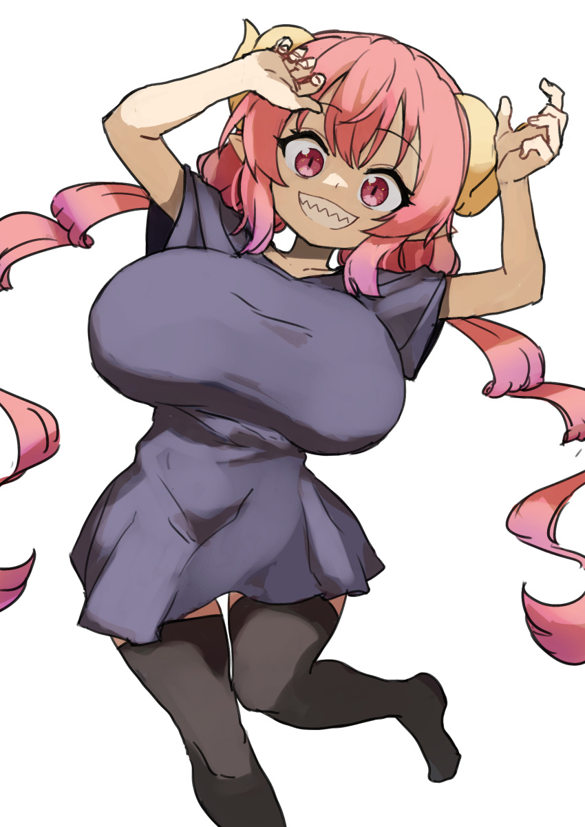 1girl absurdres black_legwear blue_shirt breasts closed_mouth dragon_girl fangs gazacy_(dai) grin highres huge_breasts ilulu_(maidragon) kobayashi-san_chi_no_maidragon long_hair looking_at_viewer pointy_ears red_eyes redhead shaded_face shirt short_sleeves simple_background slit_pupils smile solo thigh-highs thighs twintails white_background