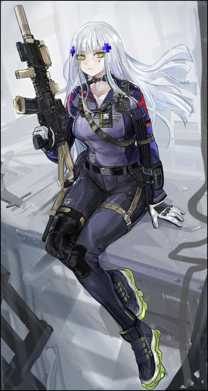 1girl absurdres assault_rifle belt breasts collarbone commentary earpiece facial_mark foregrip full_body german_flag girls_frontline gloves green_eyes gun h&amp;k_hk416 hair_ornament handgun highres hk416_(girls'_frontline) holding holding_gun holding_weapon holstered_weapon id_card knee_pads long_hair long_sleeves medium_breasts nslacka pants rifle shoes sideways_glance silver_hair sitting sneakers solo suppressor throat_microphone trigger_discipline weapon white_gloves